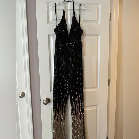 Alyce Paris Black and Gold Sequin Jumpsuit - Picture 3 of 9